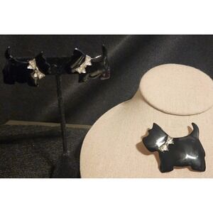 VTG Ultra Craft Black Enamel Scottie Dog Brooch Pierced Earrings Set